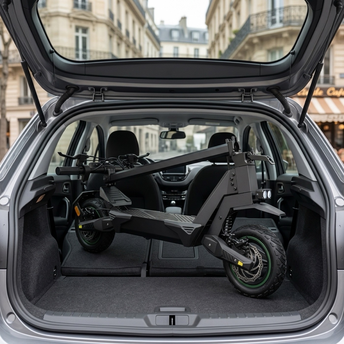 Trottinette VOLTAN X1 pliée dans un coffre de voiture