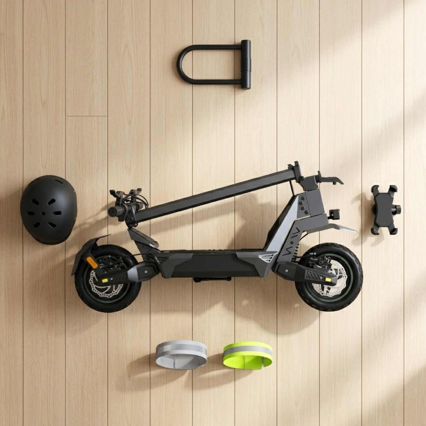 Pack Sérénité VOLTAN : trottinette, antivol U, casque CE, support téléphone et brassards réfléchissants