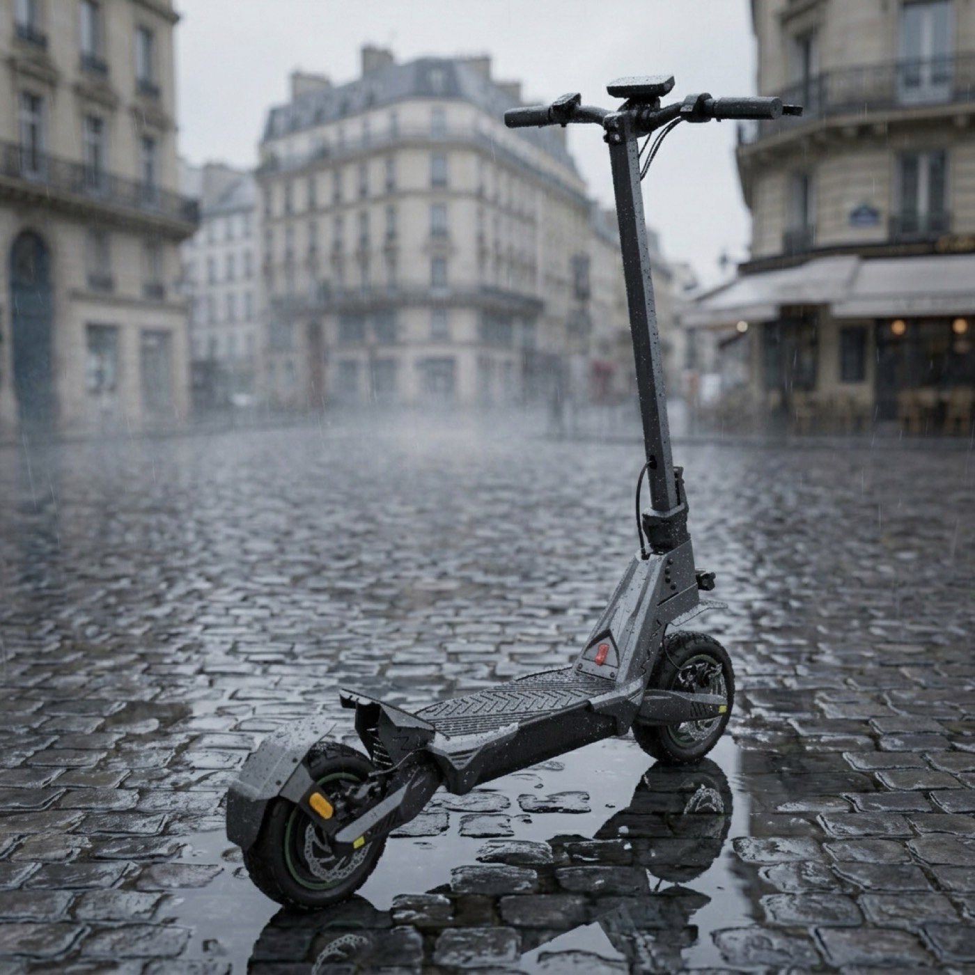 VOLTAN X1 sous la pluie sur des pavés parisiens, indice IPX5