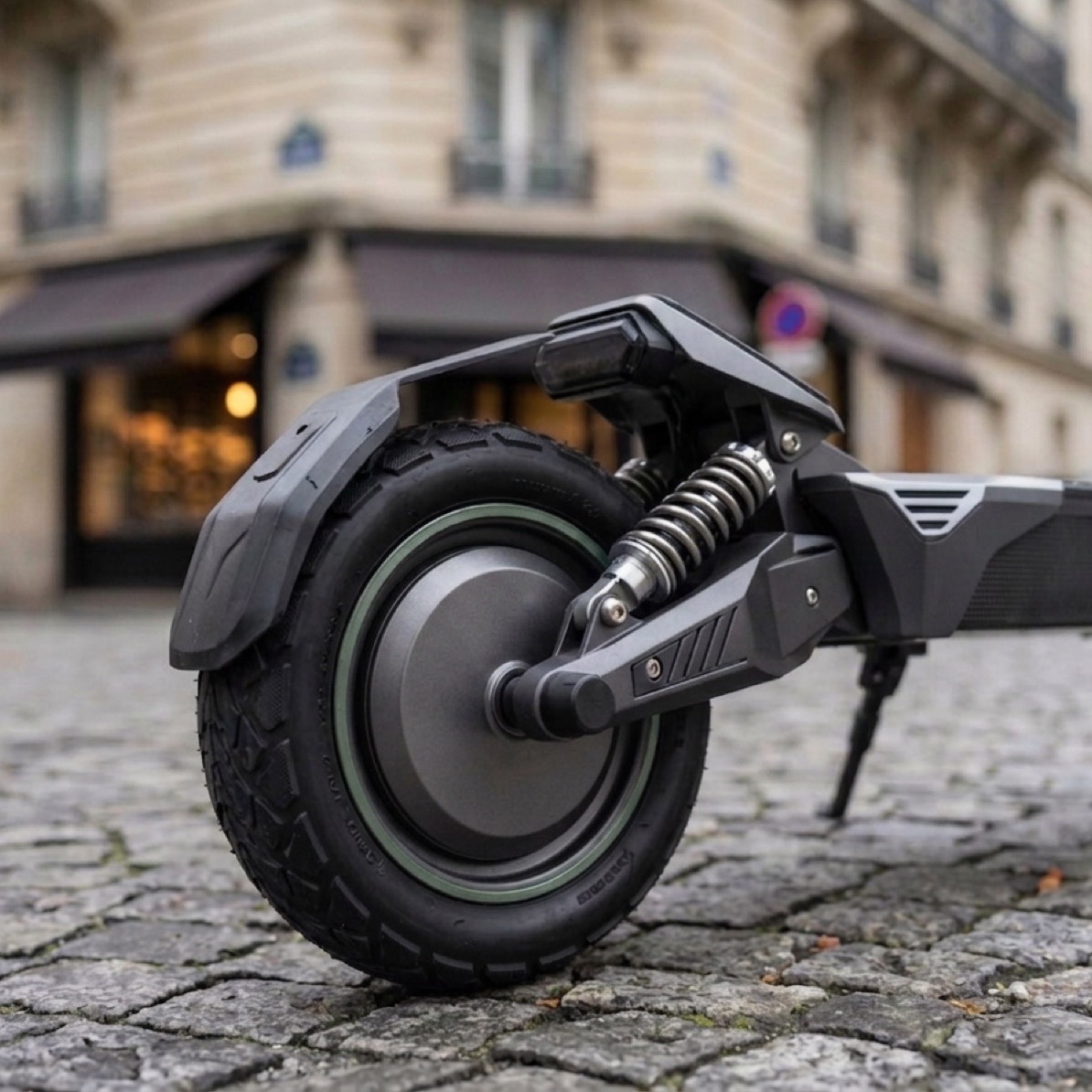 Moteur de roue arrière et suspension de la X1, sur pavés