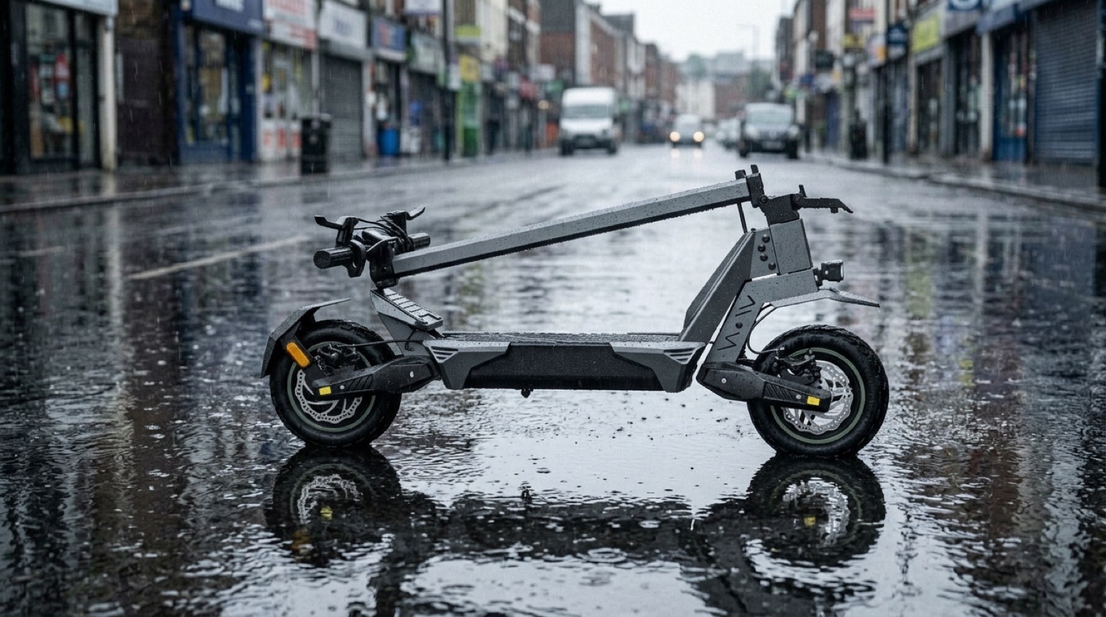 VOLTAN pliée sur une chaussée détrempée, sous la pluie