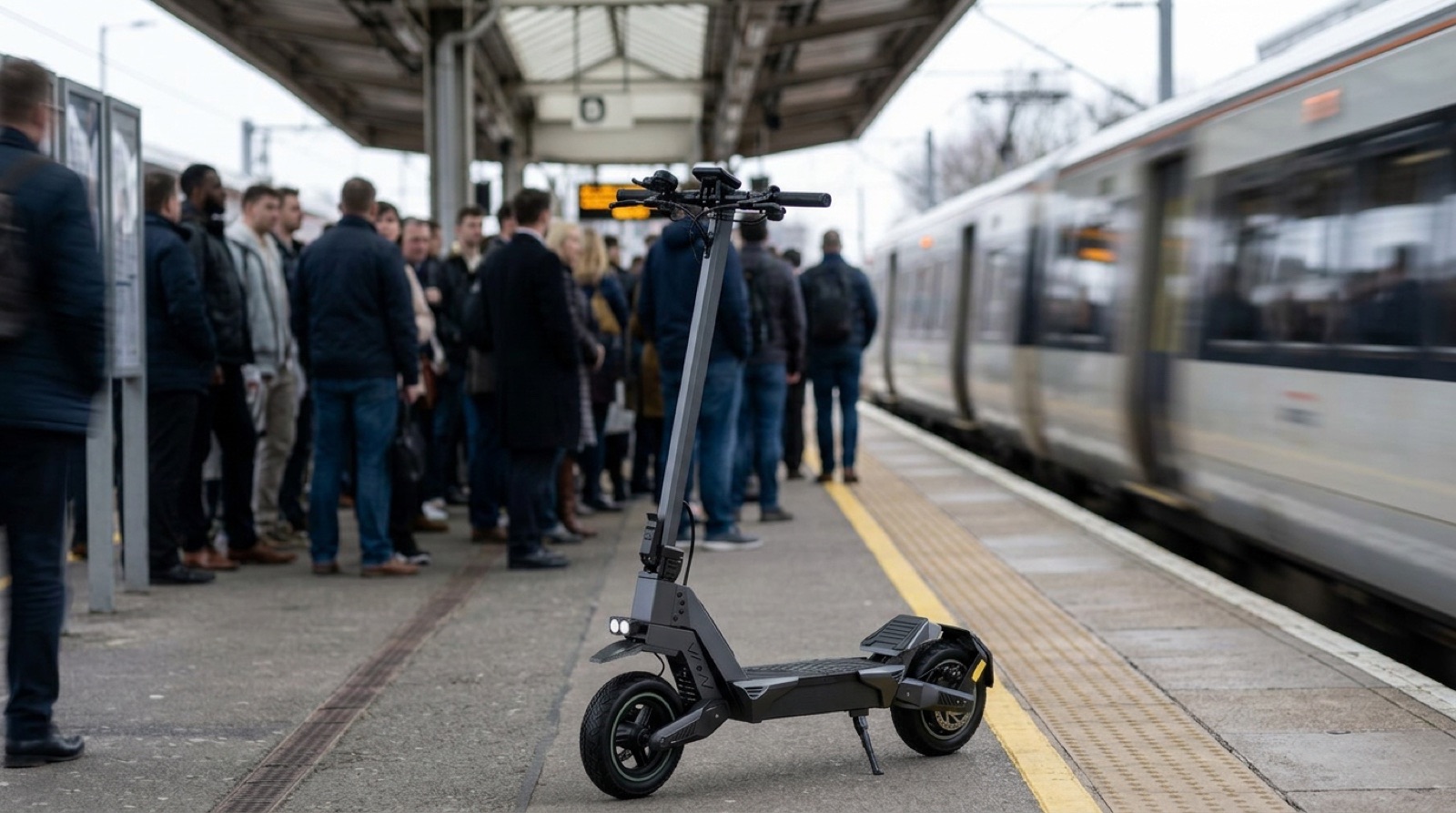 Trottinette VOLTAN posée sur un quai de gare aux heures de pointe